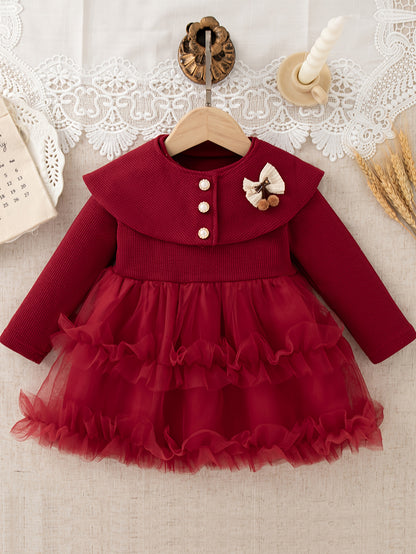 ZOSEYIES Girls' Elegant Red Princess Party Dress with Ruffled Hem & Puff Sleeves - Long Sleeve Winter Formal Outfit, A-Line Skirt with Ruffled Trim, Soft Non-Stretch Fabric for Christmas, New Year's, Birthday & Casual Attire