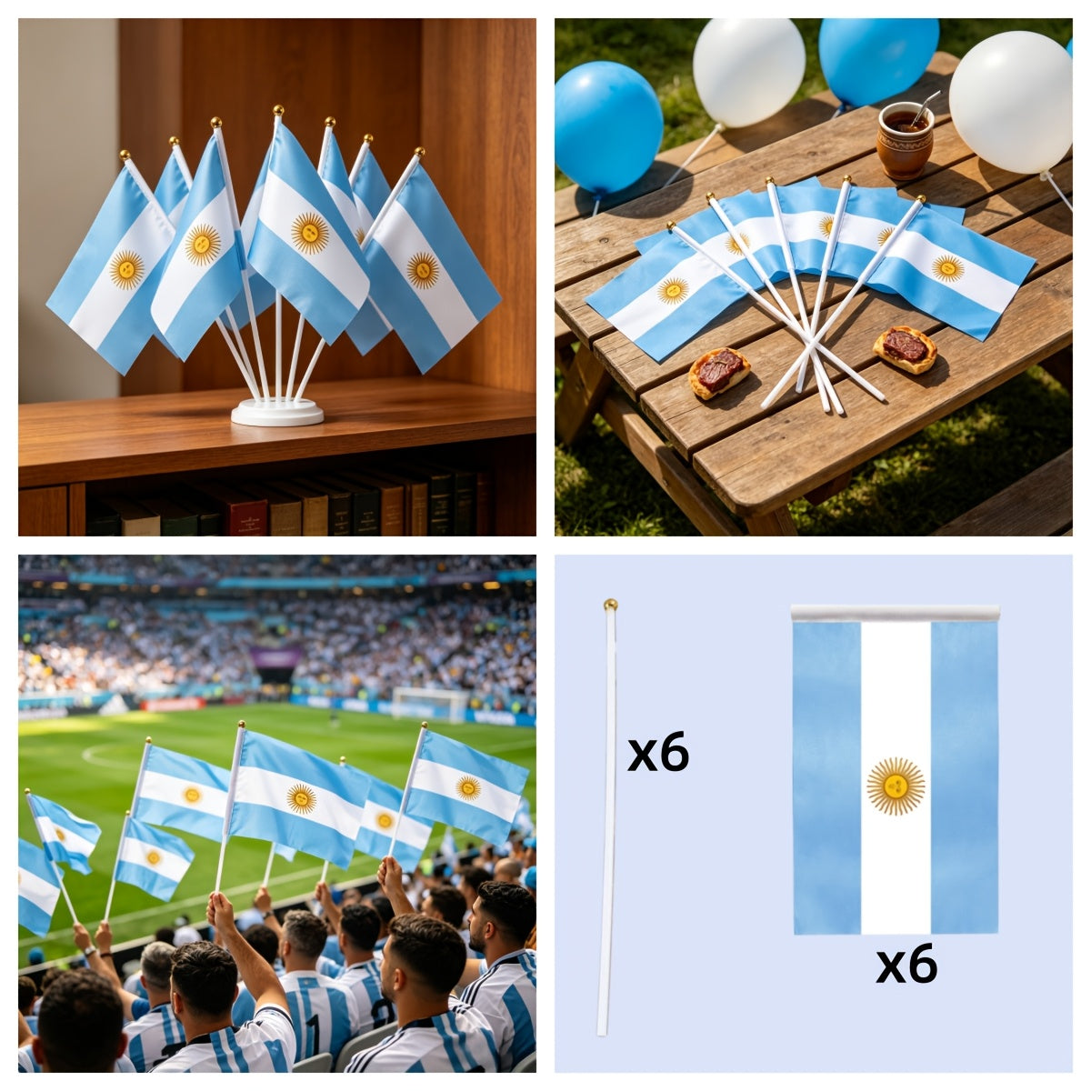 Argentine Handheld Flags Set with 6 Poles for Sports & Celebrations