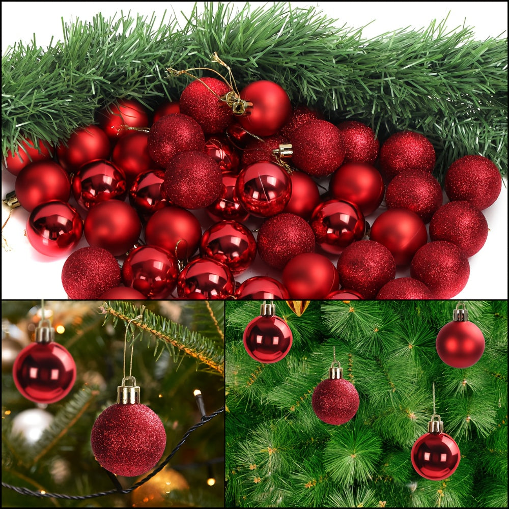 48 Red Christmas Tree Ornaments - 3cm Plastic Decorations, Includes 16 Glittery Miniature Trees with Strings for Christmas Tree Decoration and Holiday Décor,gift for new year,Valentine's Day