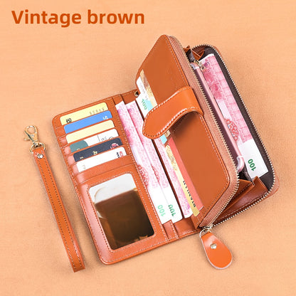 Two-Layer Cowhide Leather Clutch Wallet for Men & Women, Casual Large Capacity RFID Blocking Zippered Hand Purse with Transparent ID Slot and Anti-Theft Brush, Versatile for Going Out