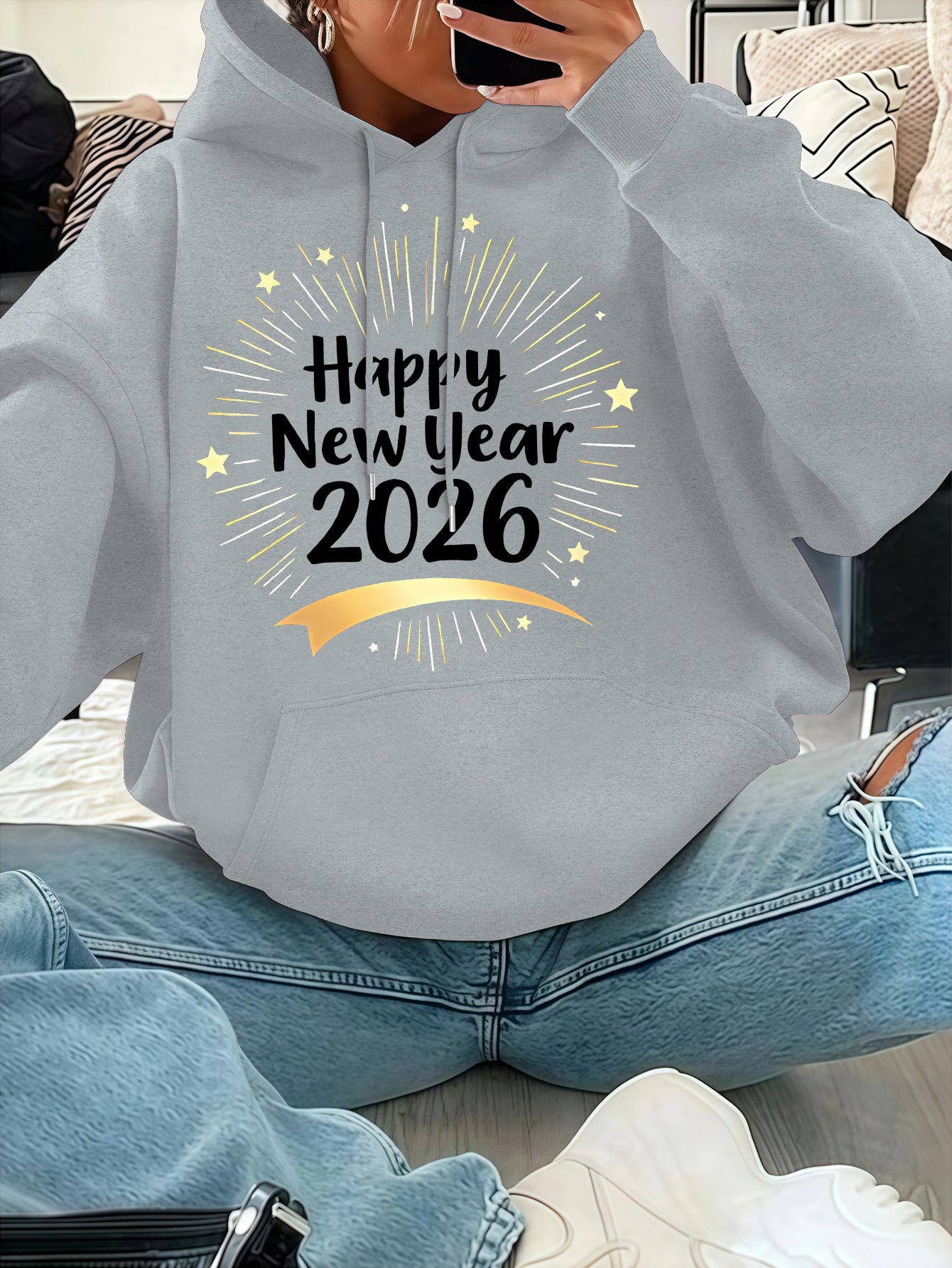 Women'S Pink "Happy New Year 51.46meter Print Hoodie - Cozy Casual Pullover with Golden Glittery Lettering, Long Sleeves, and Drawstring Hood, Perfect for Winter Celebrations, Winter Hoodie | Festive Print Hoodie | Stretchy F