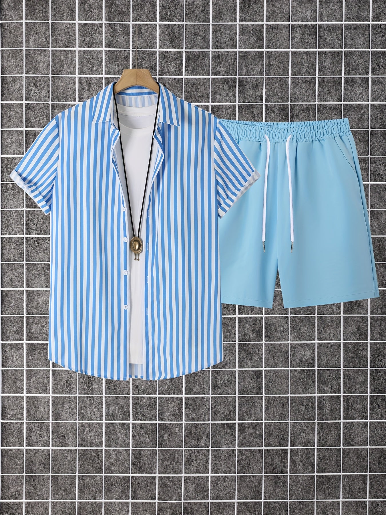 Men's Summer Printed Button-Up Shirt & Shorts Set