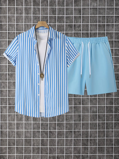 Men's Summer Printed Button-Up Shirt & Shorts Set