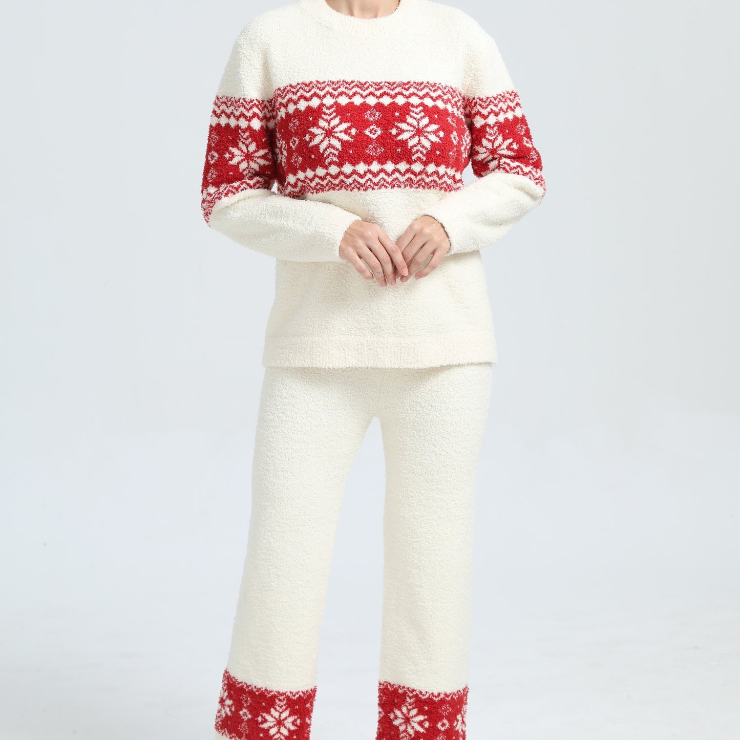 Women's Autumn/Winter Home Wear Soft Warm Fashion Christmas Snowflake Long Sleeve Pants 2pcs Set