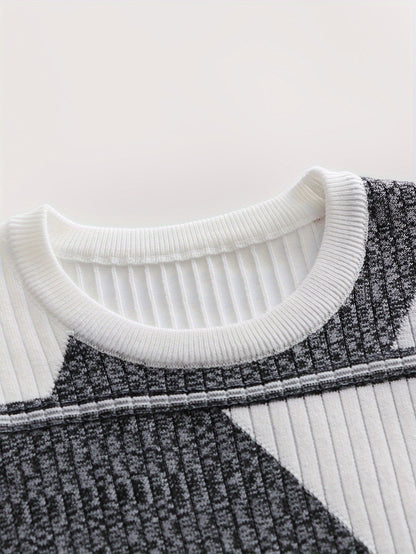 Men'S Fashionable Diamond Contrast Color Knit Long Sleeve Pullover in Faux Pear, First Name OBM, Casual Style, Ribbed Detail, High Stretch Fabric, Geometric Pattern, Regular Fit, Ideal for Fall/Winter