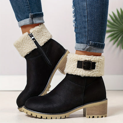 Chunky And Clssic Women'S Ankle Boots, Comfortable And Elegent Woemen Shoes. Warmth Khaki、Black And Beige Winter Women' Boots. Solid-Colored. Fleece-Lined Boots, Heighten And Non-Slip Lighhtweight Shoes with Cute Round Toe.