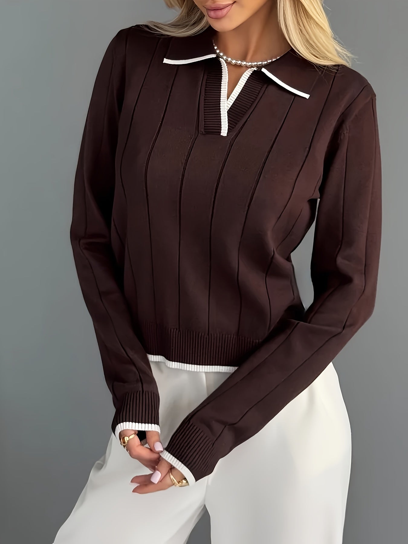 Women's Slim-Fit Long Sleeve Viscose Polo Top for Spring/Fall