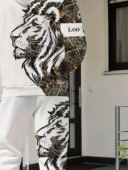 1set Fashion Street Style Men'S Lion Letter Print Hoodie and Sweatpants Set, Casual Weekend Wear, Polyester Knit Fabric with Slight Stretch, Animal Pattern, Regular Fit, for Spring/Fall