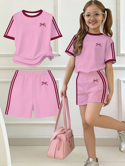 Girls' Butterfly Print Bow Short Sleeve Tee & Shorts Set
