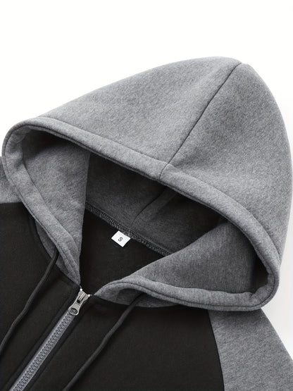 Men'S Casual Sports Hoodie Two-Piece Set with a Color-Blocked Design, Featuring a Zip And Drawstring Waist, Suitable for Jogging in All Seasons