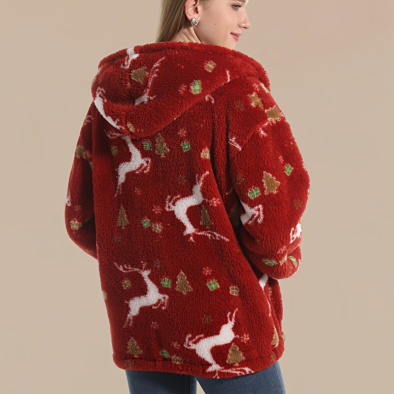 Cozy Christmas Reindeer Sweater - Red & Golden holiday Sweater with Deer, Soft Coral Fleece-like Pullover for Women & Men, Winter party Outfit, Lounge Wear - Machine Washable Cold Weather Clothing, Christmas Sweaters, Festive