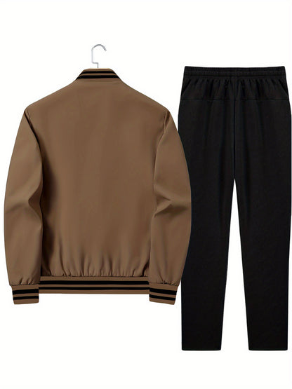 Men's Casual Sportswear Set with Brown Geometric Jacket & Pants