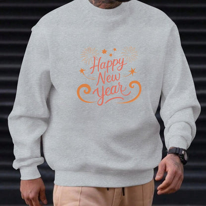 Men'S Happy New Year Sweatshirt - Light Grey with Orange Lettering - Regular Fit Crewneck Pullover for New Year'S Eve, NYE Parties & Casual Attire - Non-Permanent Celebration Sweater for Everyday & Special Occasions, New Year