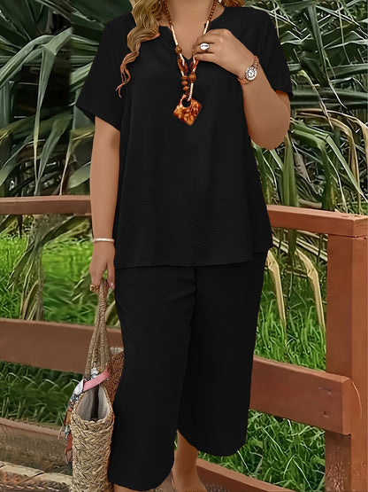 Women's Plus Size Suit, Elegant Solid Color Short Sleeve Top and Wide Leg Pants