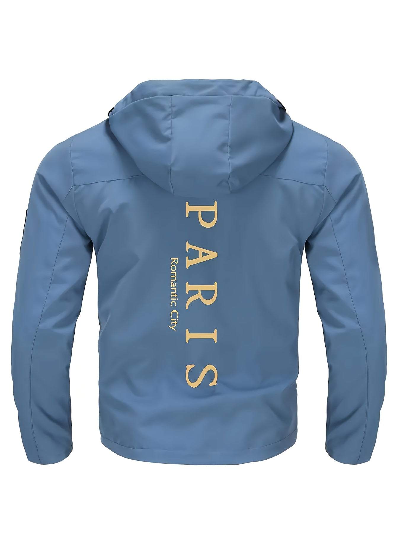 Men's Heavy-Duty Winter Hooded Jacket with Paris Print & French Label-Like Pocket - Full-Zip Full-Length Coat, Slim-Fit Casual Outerwear (Machine Washable) - Blue/Golden for Business & Everyday Use (), Mens Clothes, Workwear