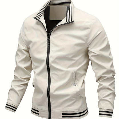 Men's Stand Collar Long Sleeve Zip Up Sports Jacket With Contrast Trim Design, Men's Spring Fall Outwear, As Gifts
