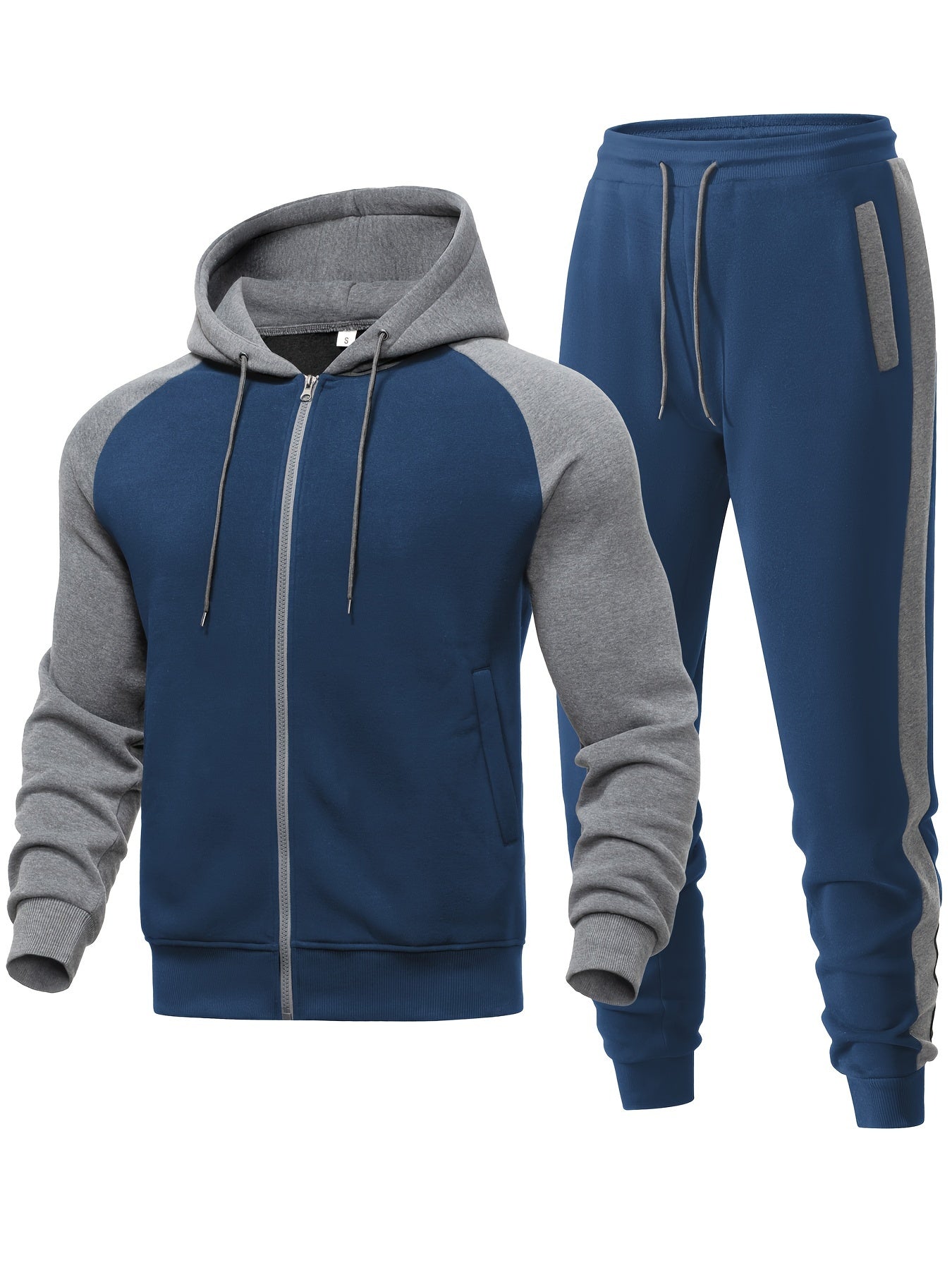 Men'S Casual Sports Hoodie Two-Piece Set with a Color-Blocked Design, Featuring a Zip And Drawstring Waist, Suitable for Jogging in All Seasons