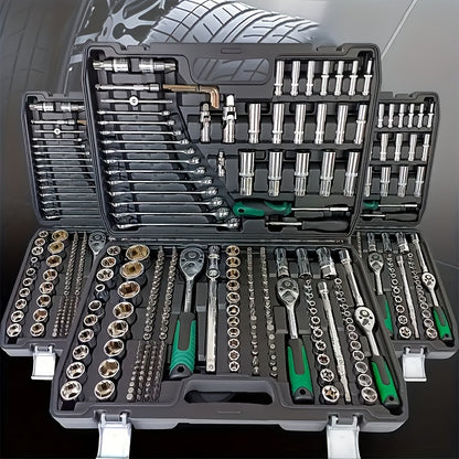 46/216pcs Dual-Use Automotive Repair Tool Set | Universally Applicable for Home and Outdoor, Steel Construction, 1/2*1/4*3/8" Drive Depths, Standard Sockets, Professional Racing-Grade Quick-Change