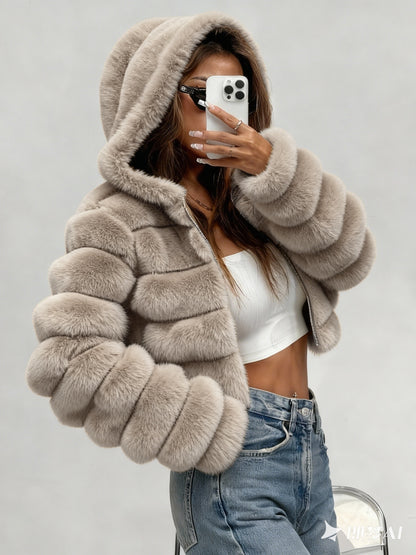 Elegant Women's Short Hooded Plush Coat for Fall/Winter