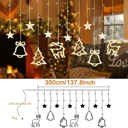 Christmas Decoration Icicle Curtain Lights, Window Wall Hanging String Light, USB Plug in Bell/Reindeer Fairy Lamp, Halloween/Ramadan Decor for Bedroom Living Room Backdrop Wedding Party Indoor Xmas Tree Dorm Fall Home Decor