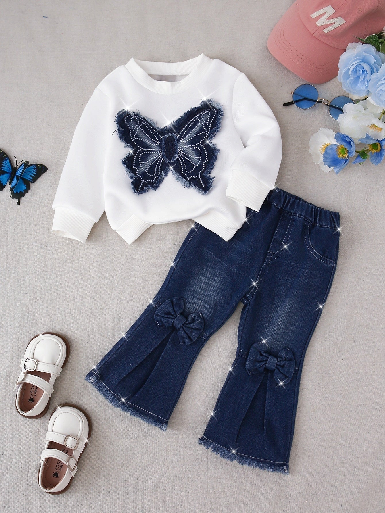 Casual White Embroidered Butterfly Sweatshirt & Flared Denim Jeans for