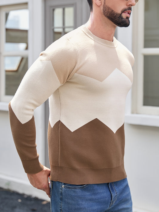 Men'S Round Neck Sweater for Autumn And Winter, Featuring a Casual Long Sleeve Design with a Three-Color Geometric Pattern And Jacquard Knit
