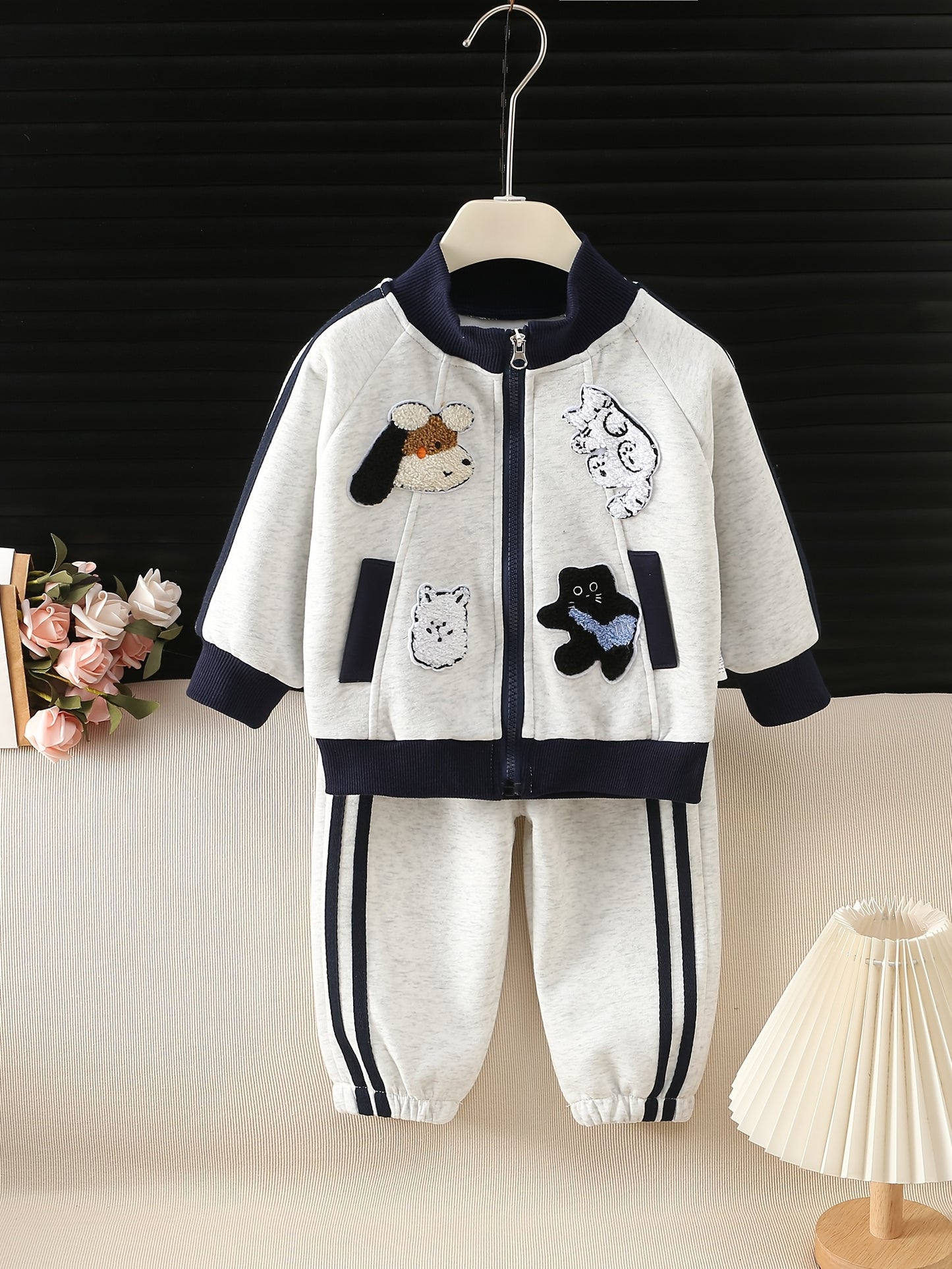 Girls' Spring Jacket and Jogger Set with 3D Cartoon Animals