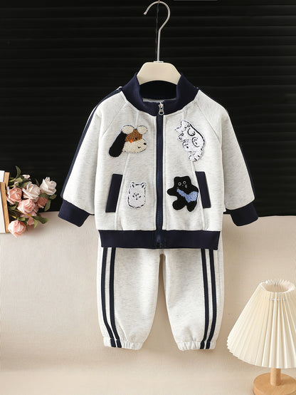 Girls' Spring Jacket and Jogger Set with 3D Cartoon Animals