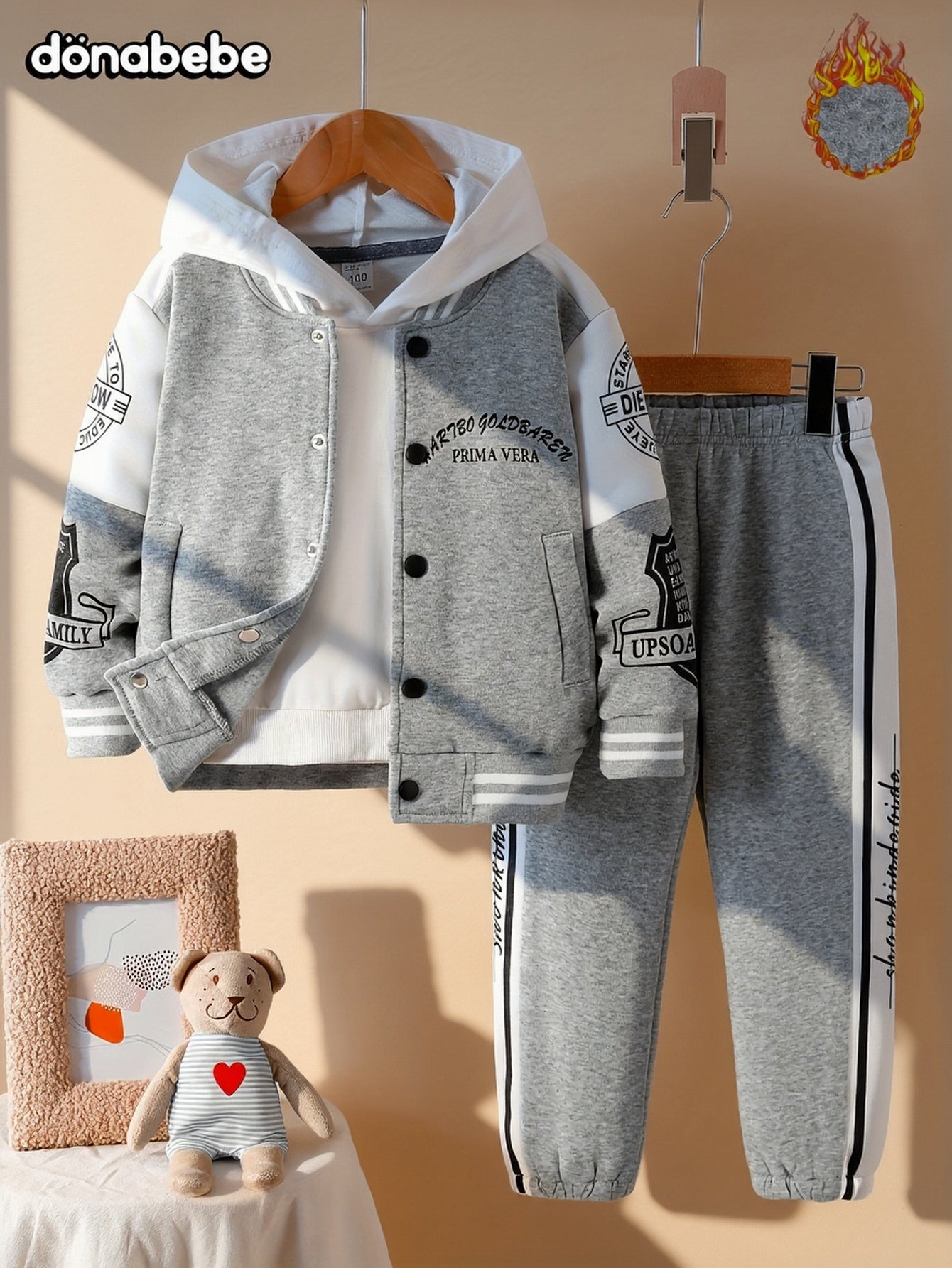 New Autumn And Winter Set: Classic And Stylish Button-Up Baseball Jacket with Letter Pattern Print on The Sleeves, Paired with Pants Featuring Black And White Stripes And Thickened Fleece for Warmth. This Comfortable And Vers