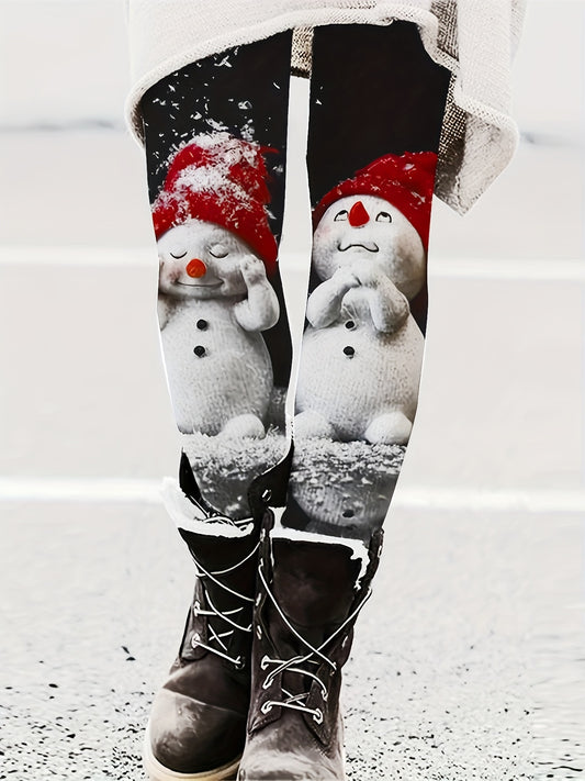 Women's Winter Thermal Tights - Snowman Print Leggings with Snowman & Snowflake Patterns, Thick Insulating Opaque Pants for Christmas, New Year Parties, Cold Weather (Machine Washable, Elastic Fit) - Trousers for Dresses & Bo