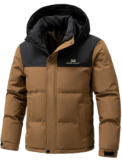 Men's Winter Jacket 100% Polyester Windproof Thermal Insulated Hooded with Detachable Hood, College Style Letter Pattern Zipper Front, Regular Fit for Skiing Outdoor Activities & Daily Wear