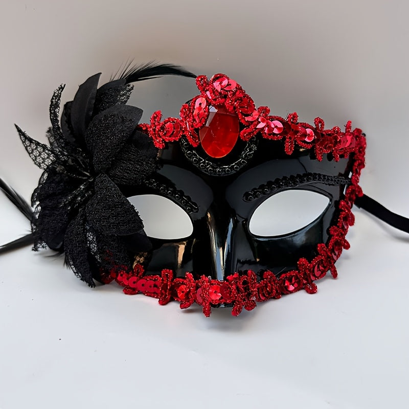 Elegant Venetian Masquerade Mask - Black & Red Feather & Jewel Decorated Party Mask for Halloween, Themed Dinners, Cosplay - Durable Plastic Design with Intricate Patterns, Halloween Costume Accessory, Themed Event Accessory,