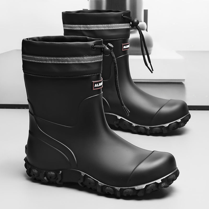 Men's Waterproof PU Rain Boots with Fleece Lining, Mid-Calf