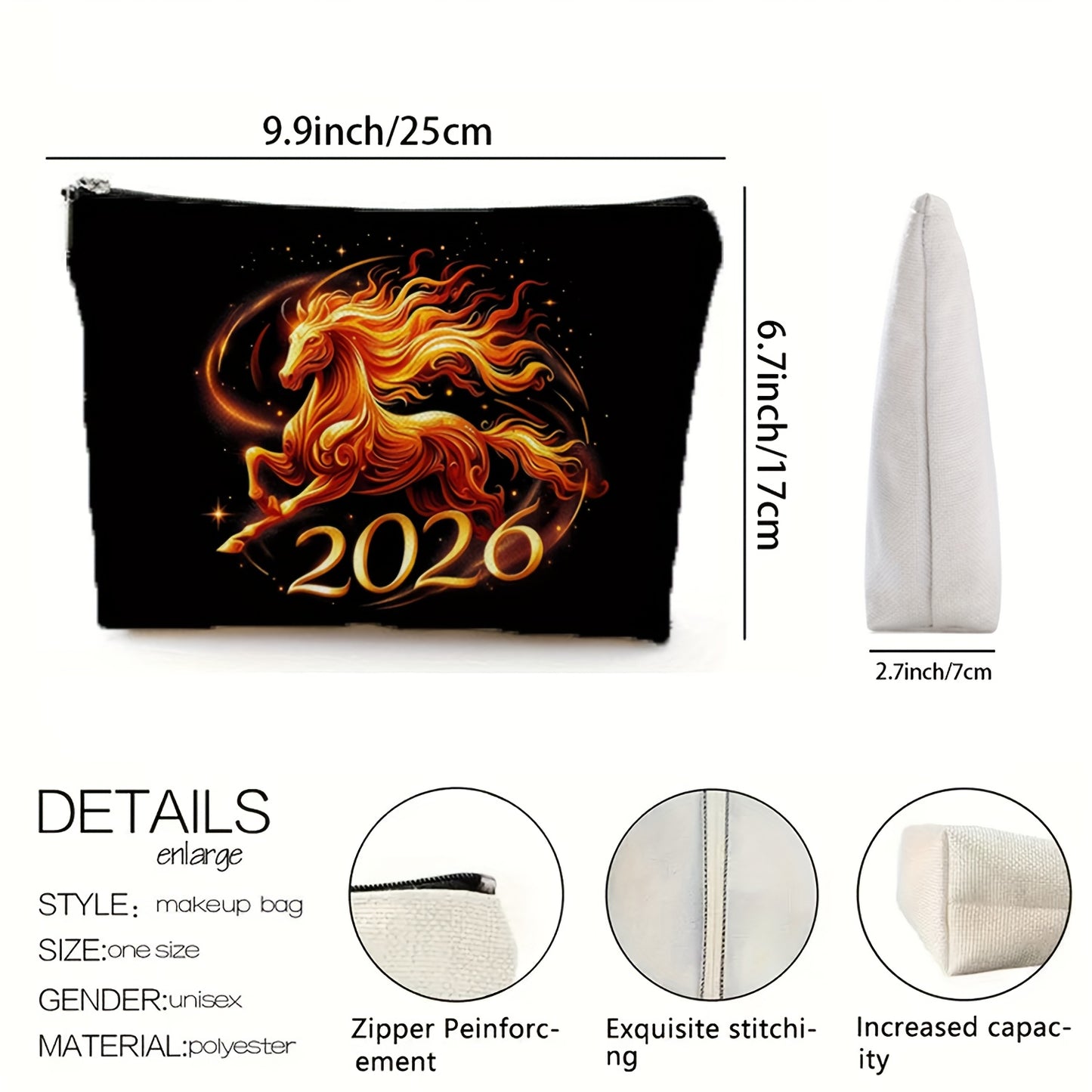 2026 Year of the Horse Chinese New Year Makeup Bag - Large Capacity Golden Horse & Red/Golden Auspicious Patterns Case, Durable Zipper Closure, Beige Gift for /, /Guys, Lunar New Year or Horse Lover Present