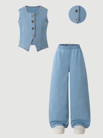 Girls' Casual Cotton Denim Two-Piece Set, Loose Fit Spring Summer