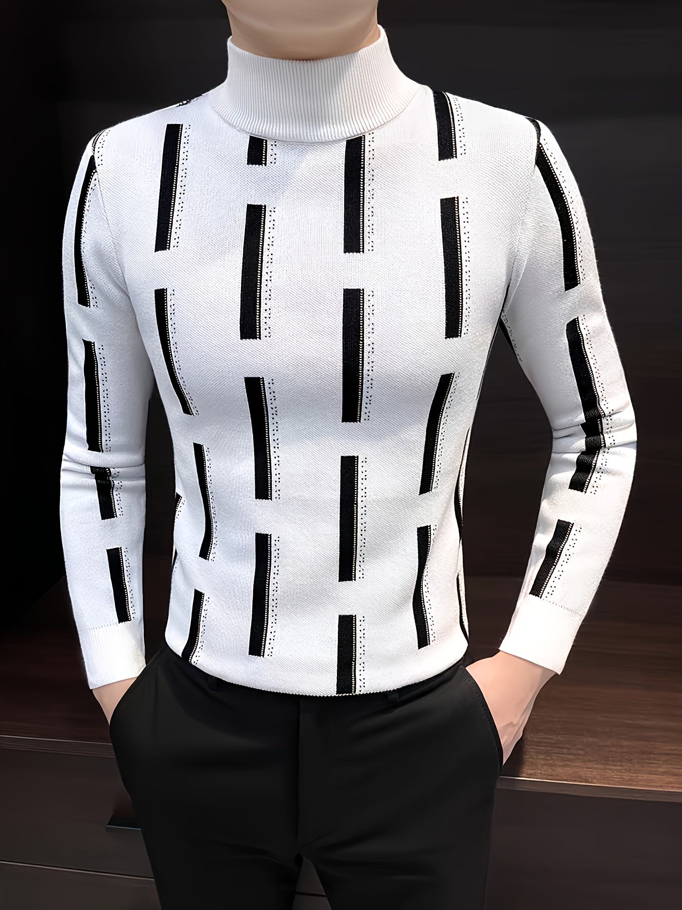 New Fashion Trend Men'S Jacquard Half-High Neck Knitted Long Sleeve Pullover