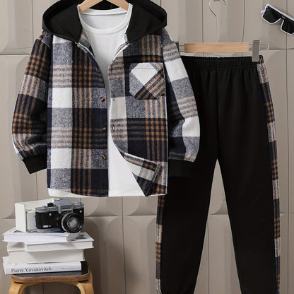 Boys' Fleece Plaid Hooded Long Pants Set, Perfect for Outdoor