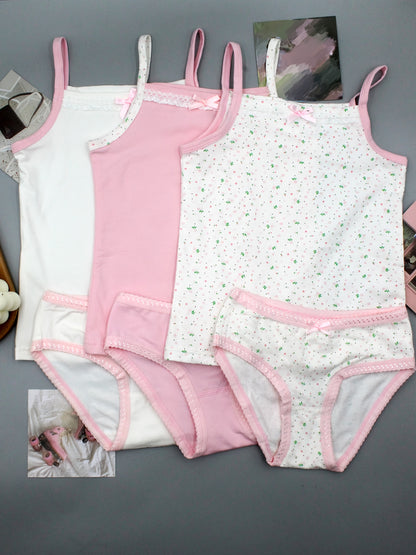Girls' Cotton Floral Camisole & Briefs Set - Comfortable 3-Pack