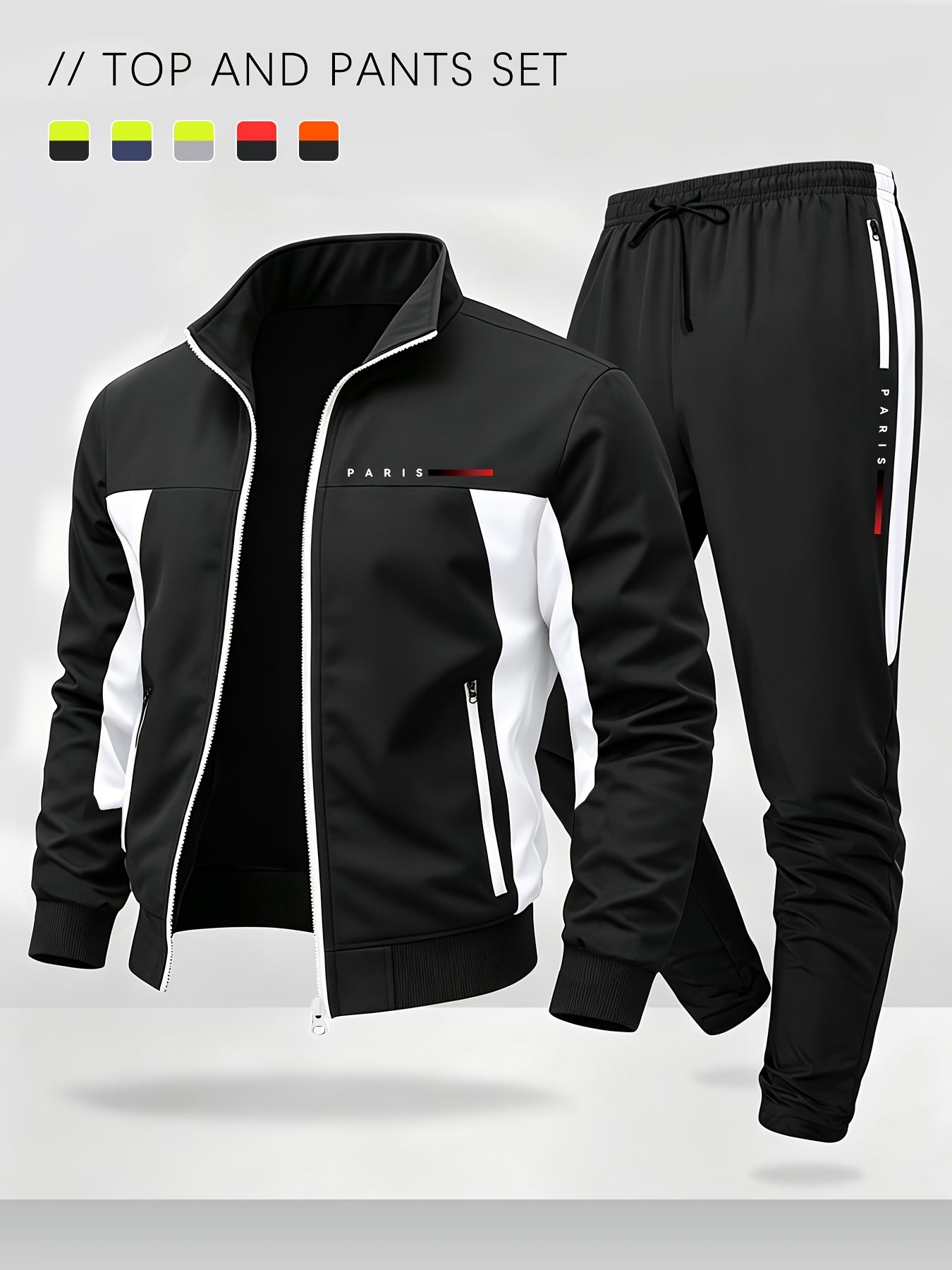 Men's Color Block Sportswear Set with Stand Collar Jacket & Pants