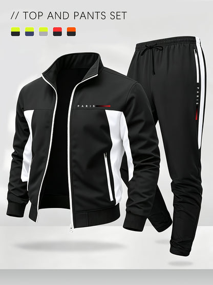 Men's Color Block Sportswear Set with Stand Collar Jacket & Pants