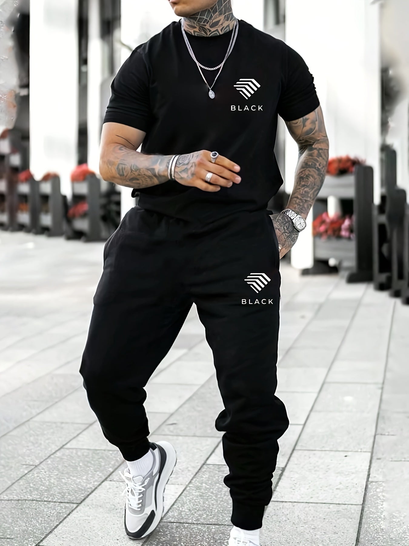 Men's casual crew-neck T-shirt, tight-legged trousers black suit, micro-elastic fabric, classic conventional