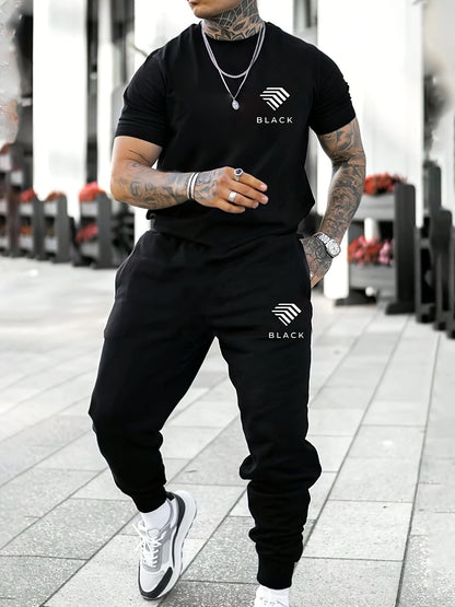 Men's casual crew-neck T-shirt, tight-legged trousers black suit, micro-elastic fabric, classic conventional