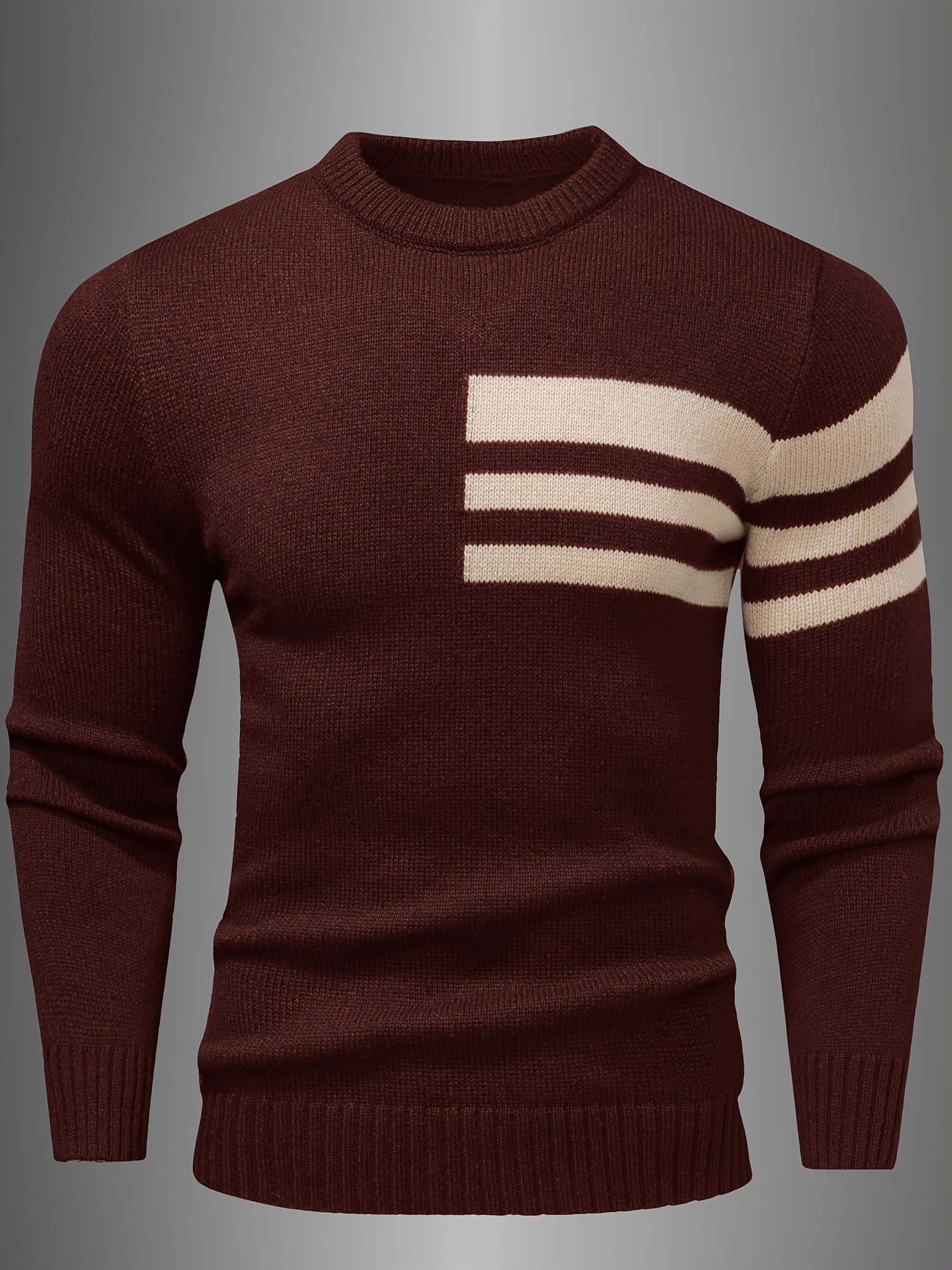 Men's Brown & Striped Sweater - Soft Round Neck Cable-Knit Winter Sweater with White Piping, Machine Washable Casual Pullover for Fall & Winter, Brown/Beige Horizontal Stripes, Ribbed Cuffs & Hem, Stylish Men's Sweater for Ev - ayq