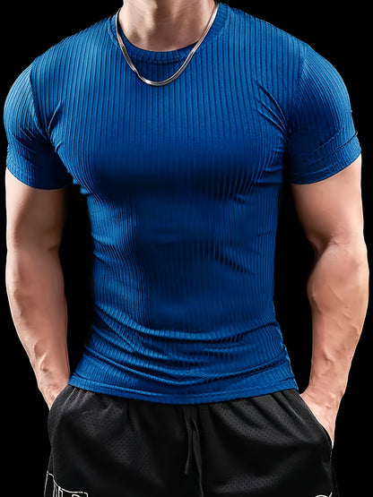 Men's Slim Fit Ribbed Short Sleeve T-Shirt - Stretchy Athletic  Casual Wear, Green, Round Neck, Machine Washable, Muscle-Enhancing Design, Gym Shirts