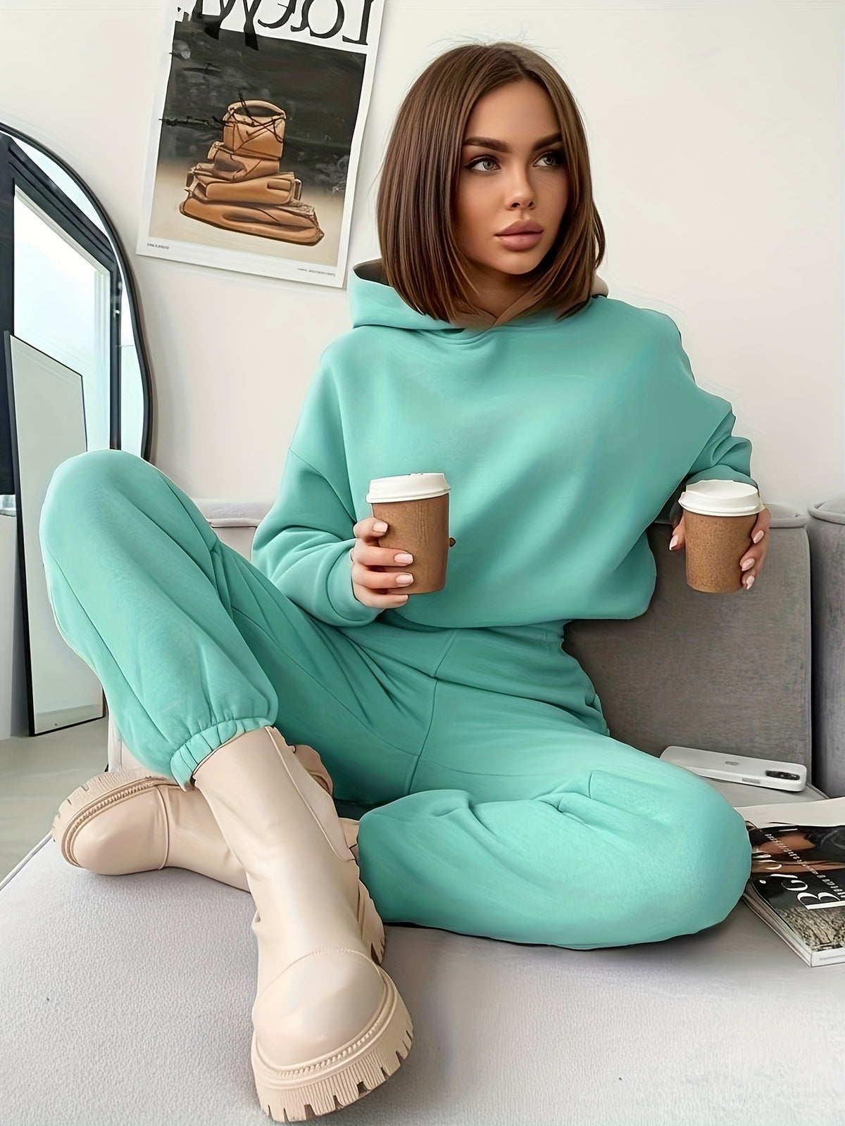 Women's Hooded Fleece-Lined Polyester Pant Set for Fall/Winter - ayq
