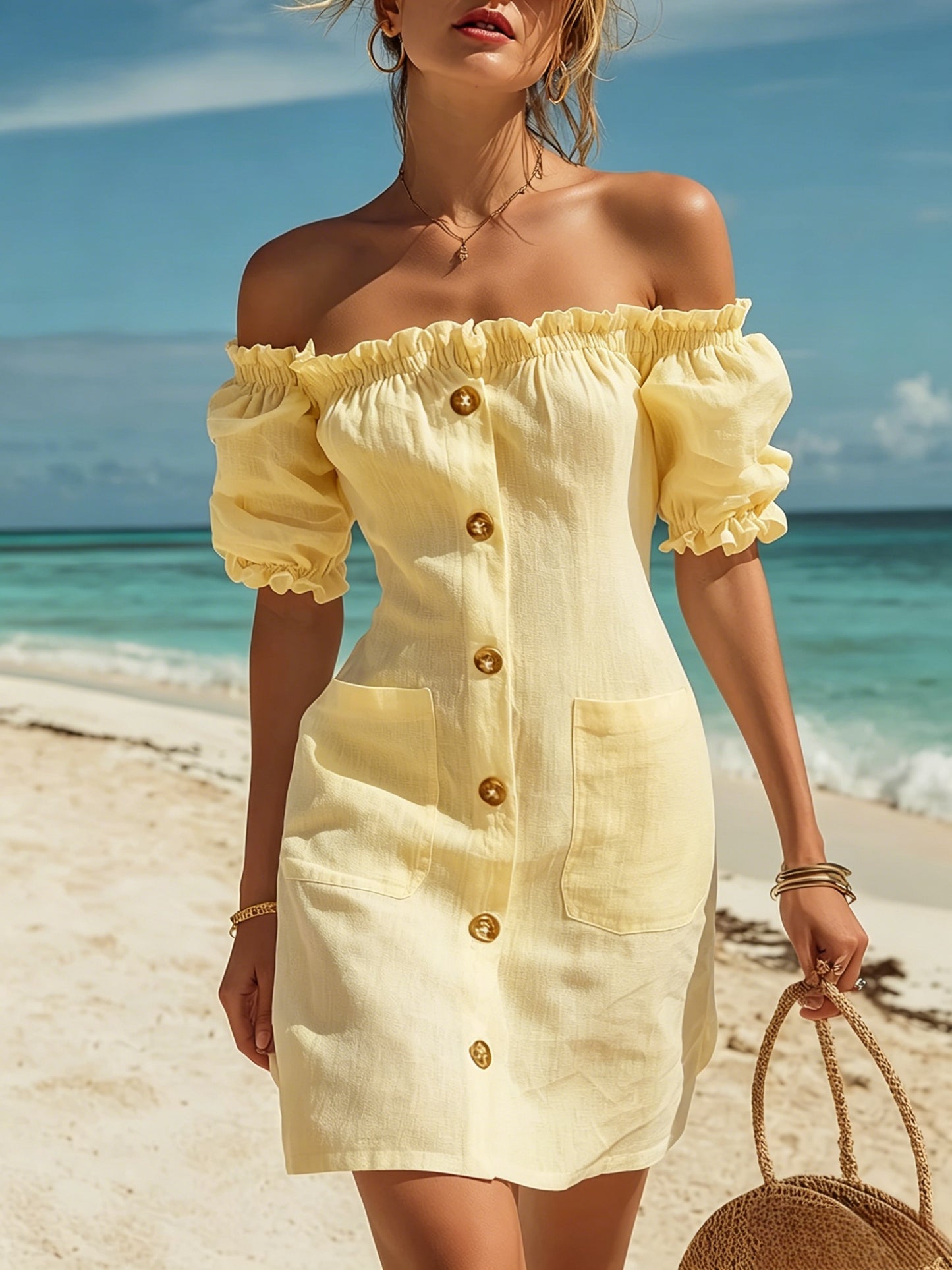 Women's Linen Off-Shoulder Ruffle Hem Mini Dress for Spring