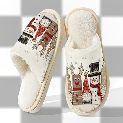 Christmas Snowman Reindeer Gnome Plush Lined Home Slippers, Soft and Beige-Friendly, Couples' Cozy Holiday Atmosphere with Christmas Elements, Holiday Slippers, Festive Pattern, Soft Fabric, Comfortable Cushioning, Couple Sli