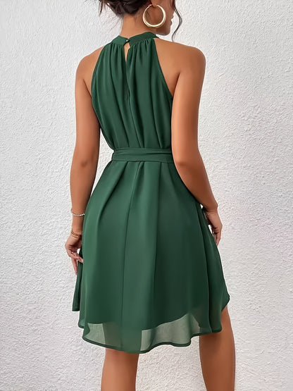 Women’s Solid Color Chiffon Halter Neck Summer Dress with Belt