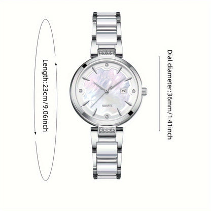 Elegant Women's Quartz Watch with Ceramic Band and Stainless Steel Cas