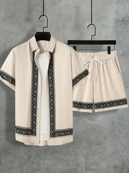 Men'S Two-Piece Set Consisting of a Casual Short-Sleeve Button-Up Shirt And Drawstring Pants, Perfect for Summer Wear.